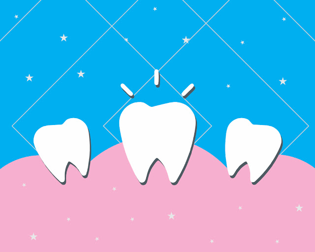 Ilustração de três dentes com um fundo de estrelas