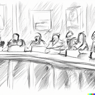 A sketch of a jurors in a jury box.