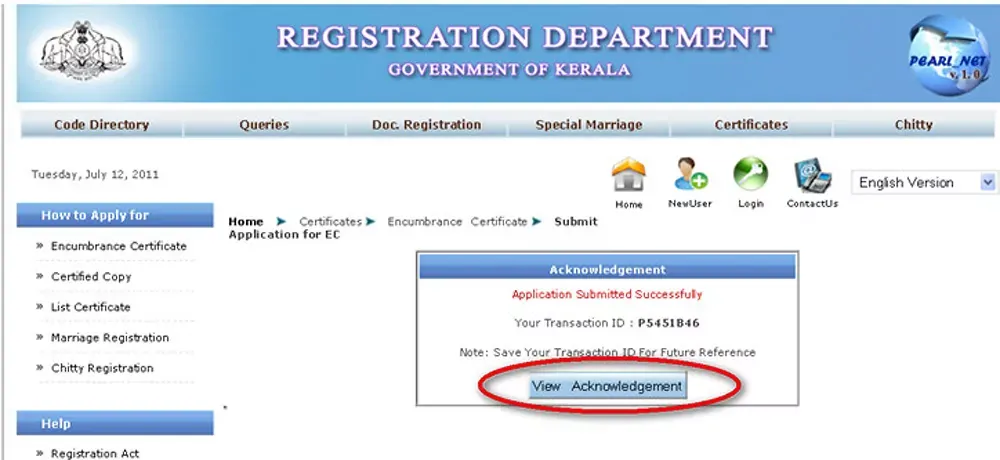 View Acknowledgement for Encumbrance Certificate