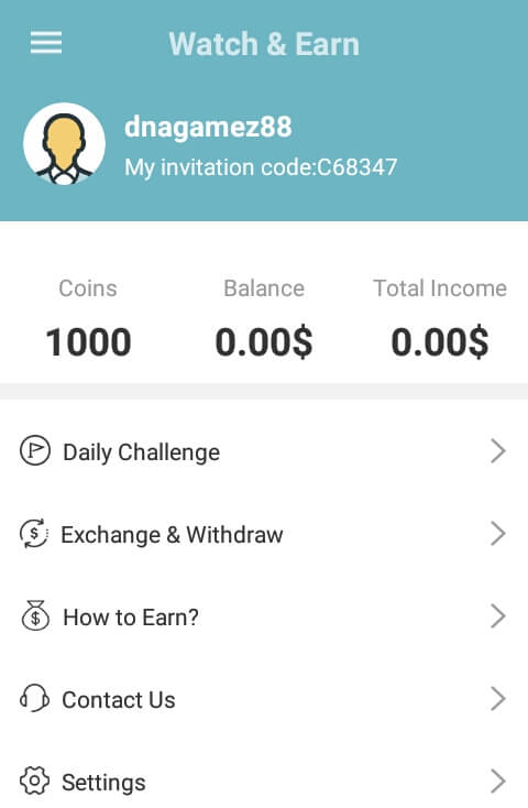 Selamat, sampai disini Anda telah berhasil mendaftar / membuat akun di aplikasi Watch & Earn dan memperoleh 1000 Coins.