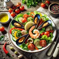 A mix of mussels, shrimp, and fresh vegetables in a light dressing.
