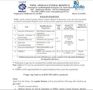 NMDC Apollo Hospital Raipur Vacancy 2024 | एनएमडीसी अपोलो सेंट्रल अस्पताल रायपुर में विभिन्न पदों की भर्ती