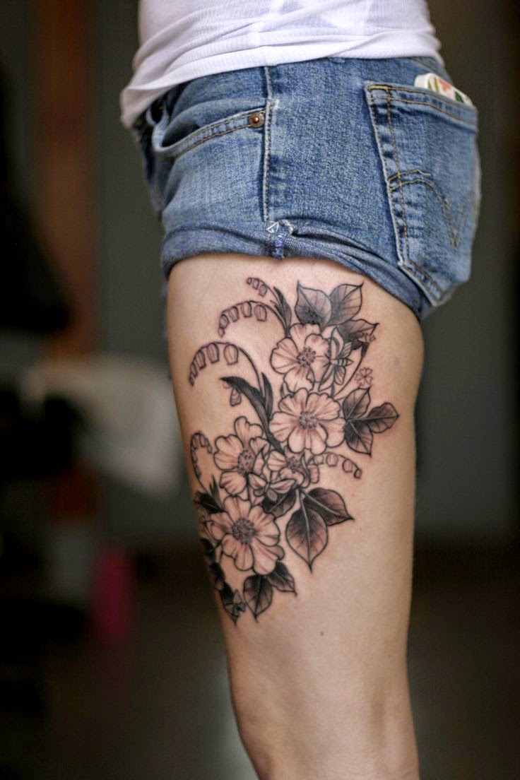 Flower Cluster Tattoo Designs, Designs of Cluster Flower Tattoos, Cluster Flower Designs Tattoos, Amazing Flower with Cluster Women Thigh, Women, Parts, Flower,