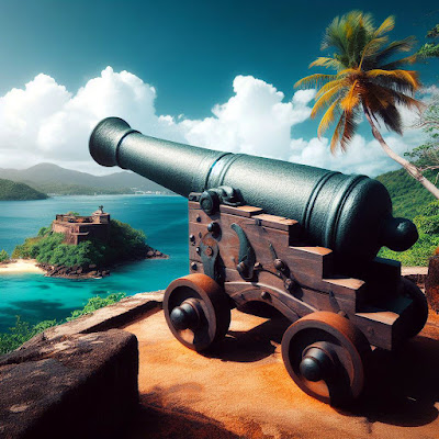 cannon on hill overlooking tropic island harbour