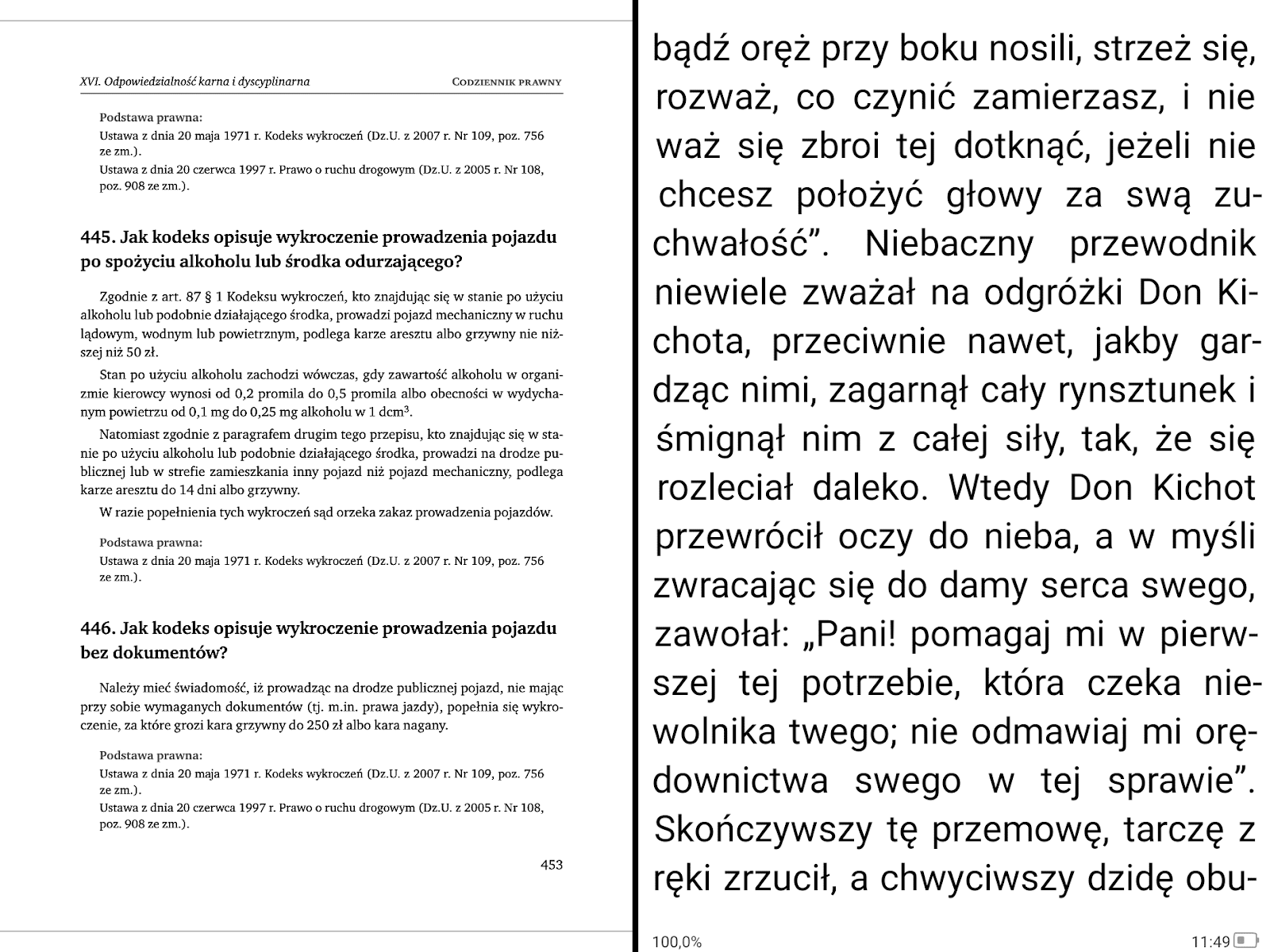 Tryb podzielonego widoku ekranu w aplikacji Xreader na PocketBook InkPad X Pro z otwartymi dwiema różnymi książkami