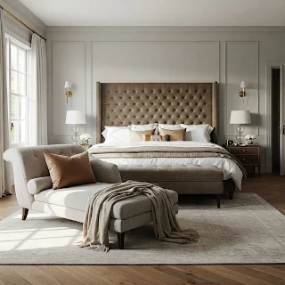 Luxury bedroom with a canopy bed, silk bedding, and a curated art wall.