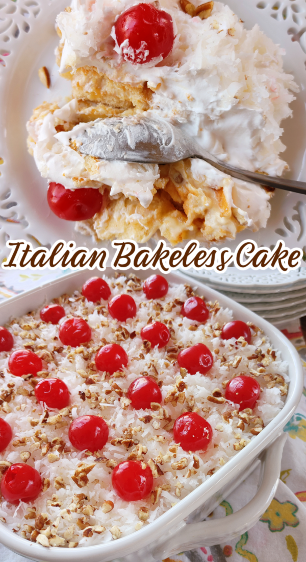 Italian Bakeless Cake! A layered no-bake dessert with vanilla wafers and creamy pineapple “pudding” made with sweetened condensed milk and lemon juice topped with cool whip, coconut, cherries and pecans.