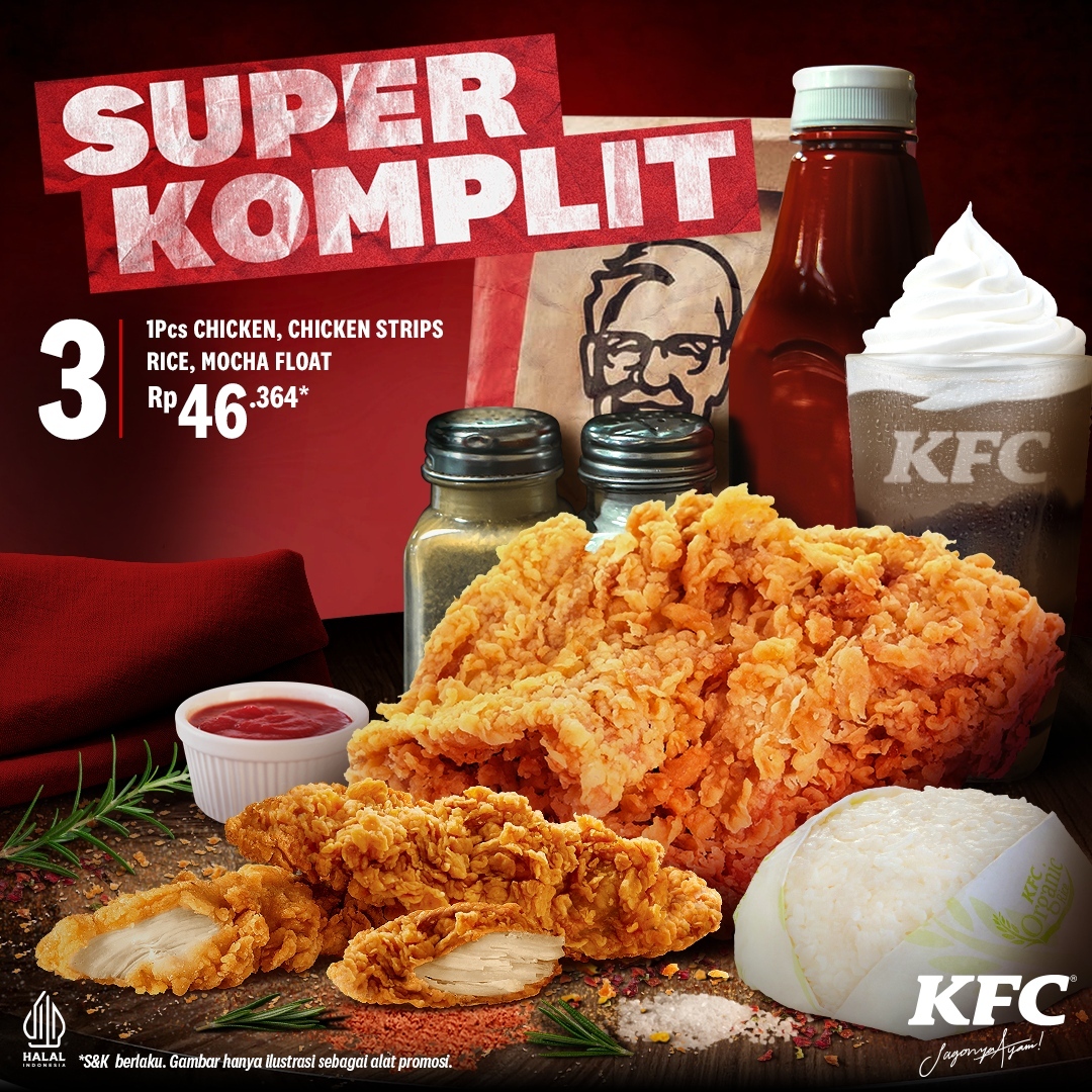 Menu Promo Super Komplit 1 - 4 dari KFC dengan harga mulai 46 ribu