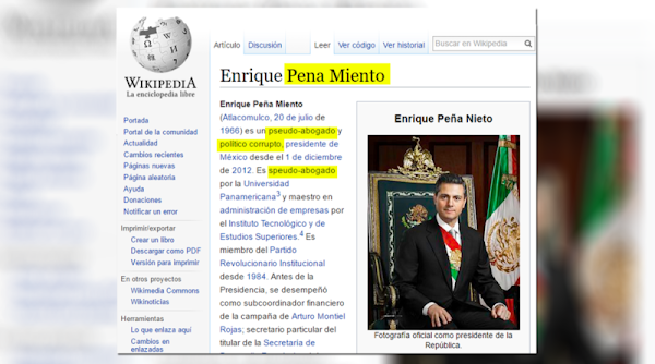 En Wikipedia, apareció ‘Enrique Peña Nieto’ como “político corrupto y abogado falso”.