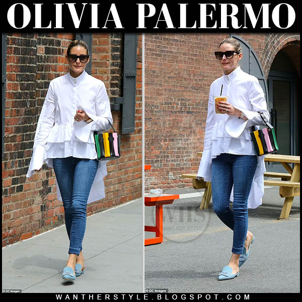 Olivia Palermo in white pleated shirt, jeans and blue loafers
