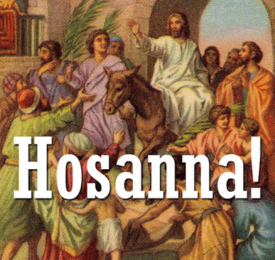 Jesus enters Jerusalem on a donkey - the people put down palms for his and cry Hosanna - picture from a pre 1900 bible-card - 1  Hosanna, Hosanna, Hosanna in the highest, Lord, we lift up your name, with our hearts full of praise, Be exalted, O Lord, my God,  Hosanna in the highest!   2  Glory, glory, glory to the King of kings! Lord, we lift up your name, with our hearts full of praise,  Be exalted, O Lord our God,  Hosanna in the highest!  3  Jesus, Jesus, Jesus, is the King of kings. Lord, we lift up your name, with our hearts full of praise,  Be exalted, O Lord our God, Hosanna in the highest.