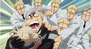 Twice cradling Toga as a group of his copies of him in gray suits are trying to grab him.