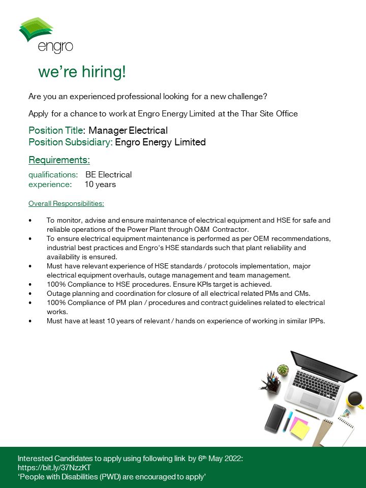 Engro Corporation Limited Jobs For Manager Electrical