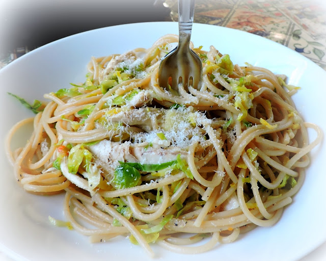 Spaghetti with Roasted Chicken and Shredded Brussels