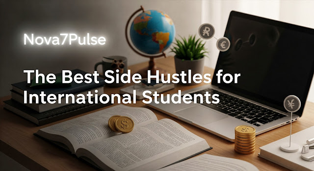 International student working on laptop with side hustle apps