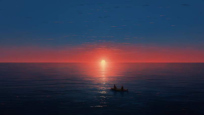 4K image showing a peaceful sunset with warm hues reflecting off the ocean, featuring a small boat silhouette.