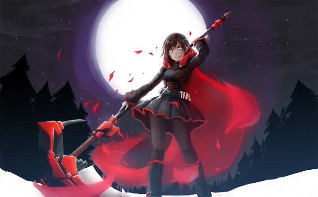   Ruby Rose RWBY Full Moon Snow Petal Death Scythe Red Cape Girl Female Anime HD Wallpaper Desktop PC Background 2124