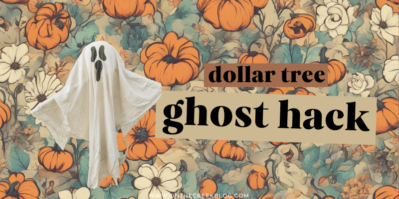 Dollar Tree ghosts transformed with driveway markers, floating gracefully in a yard, adding a whimsical touch to Halloween decor. | on the creek blog // www.onthecreekblog.com