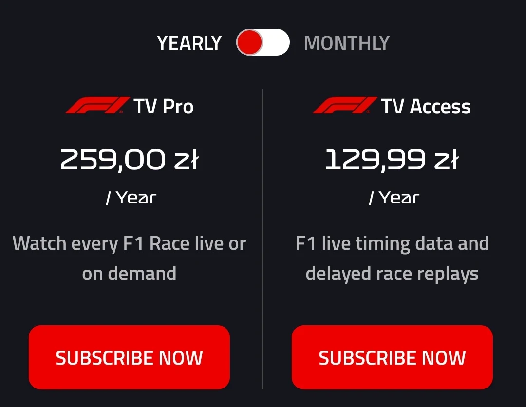 Ceny F1 TV za rok