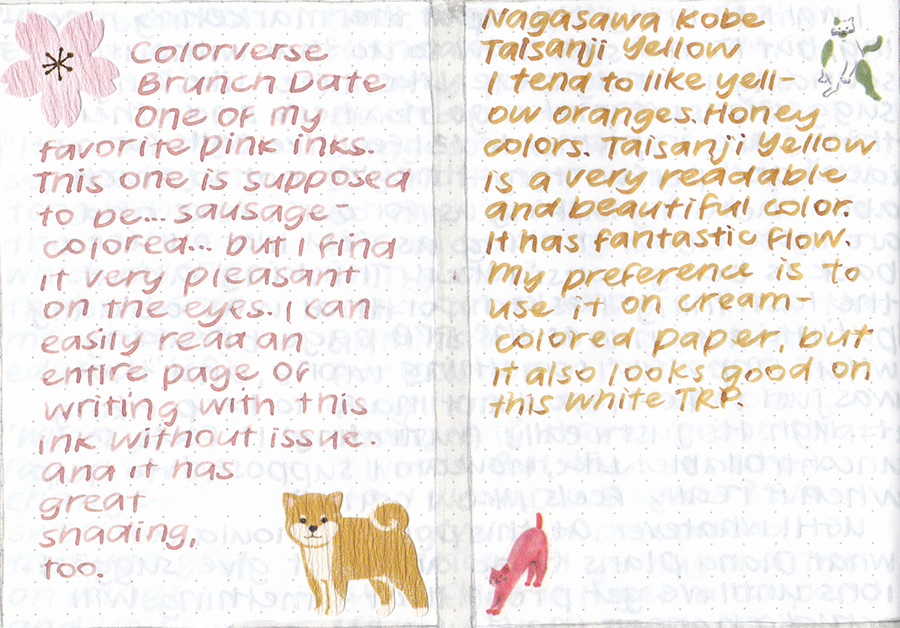 A scanned image with written reviews of Colorverse Brunch Date and Nagasawa Taisanji Yellow.