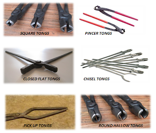 various types of tongs equipment used in forging or smithy workshop