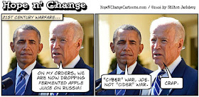 obama, obama jokes, political, humor, cartoon, conservative, hope n' change, hope and change, stilton jarlsberg, wikileaks, biden, cyber, attack, russia