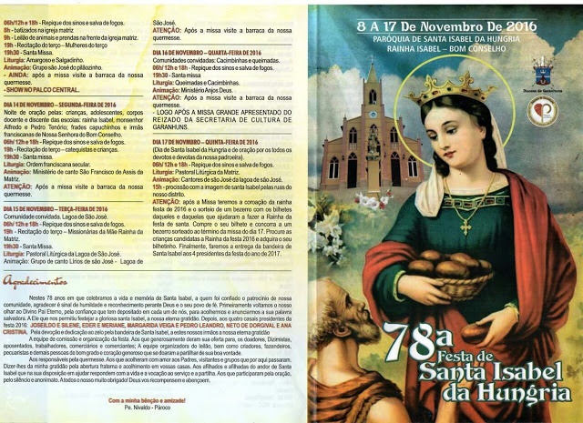 FESTA DE SANTA ISABEL DA HUNGRIA COMEÇA DIA 08/11 E SERÁ MAIS DE UMA SEMANA DE ATIVIDADES RELIGIOSAS