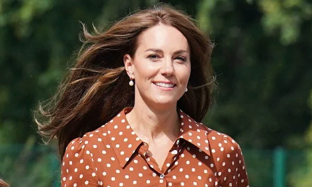 Kate Middleton wore a new Izzy polka dot pleated shirt dress by Rixo. Princess Charlotte, Prince Louis and Prince George