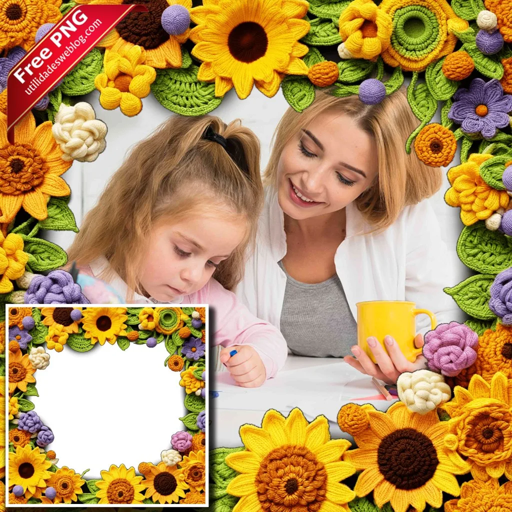 marco para fotos con flores de girasoles bordadas o de crochet en png con fondo transparente para descargar gratis