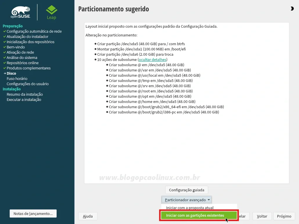 Utilizando o particionamento personalizado para instalar o openSUSE Leap 15.5