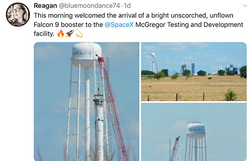 A brand new Falcon 9 shows up in McGregor for testing (Source: Reagan, @bluemoondance74)