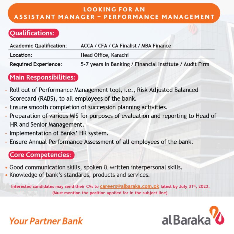 Al Baraka Bank (Pakistan) Limited Jobs For  Assistant Manager - Performance Management