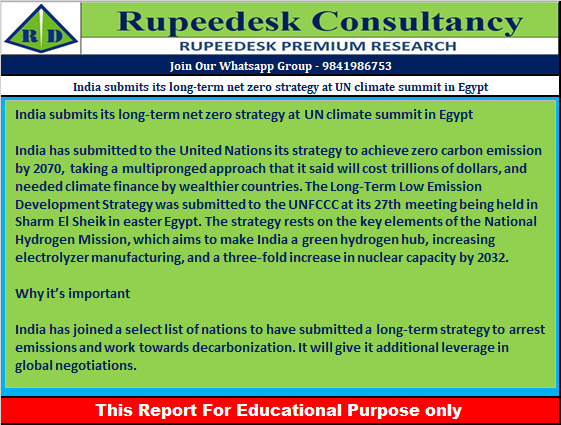 India submits its long-term net zero strategy at UN climate summit in Egypt - Rupeedesk Reports - 15.11.2022