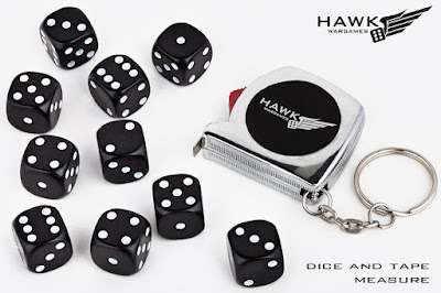 10x 14mm D6 black dice and 1m/38” Hawk Wargames tape measure keyring