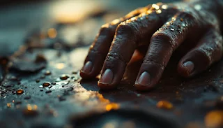 Weathered fingers press against worn leather as amber light catches glistening droplets of honest labor and determination