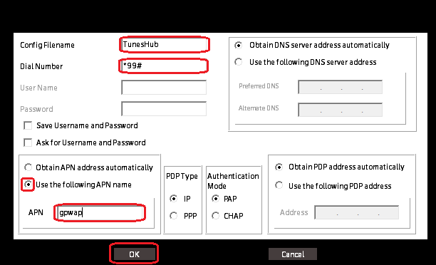 Create connection profile by modem Software