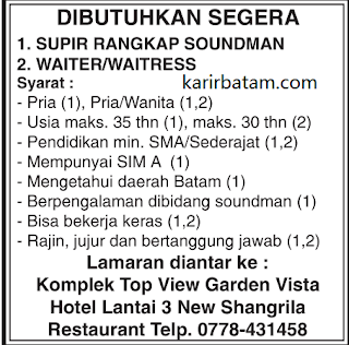 Lowongan Kerja Waiter dan Waitress serta Sopir