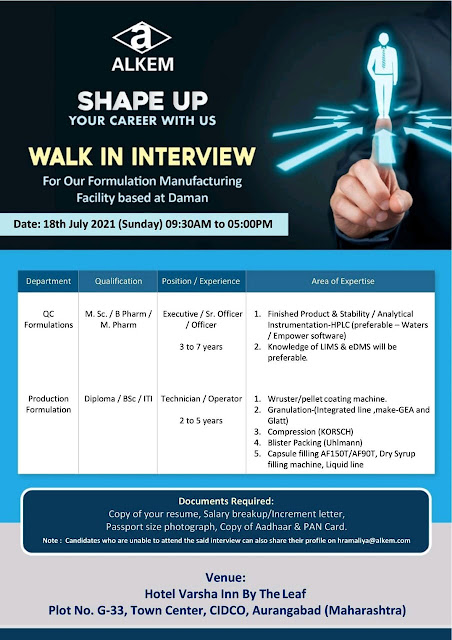 Job Availables, Alkem Laboratories Ltd Walk-In Interviews For B.Pharm/ M.Pharm/ Msc/ Bsc/ Diploma/ ITI