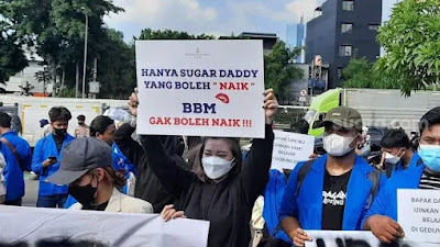 Poster Mahasiswi Demo di Gedung DPR: Hanya Sugar Daddy yang Boleh Naik, BBM Gak Boleh Naik!