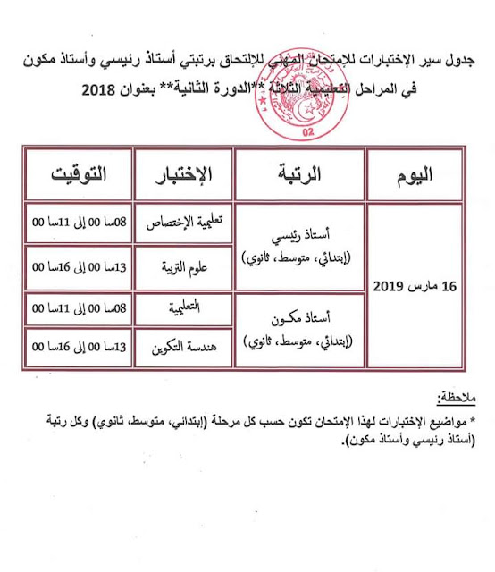 جدول سير الاختبارات الخاص بأستاذ رئيسي و مكون الدورة الثانية