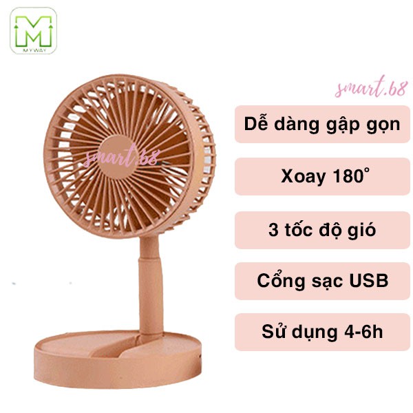 [ smart.store68 ] Quạt Tích Điện Gấp Gọn - Quạt Mini Để Bàn Xoay 180 Độ, 3 Tốc Độ Gió, Cổng Sạc USB, Pin 1200mAh - Bảo hành 1 đổi 1