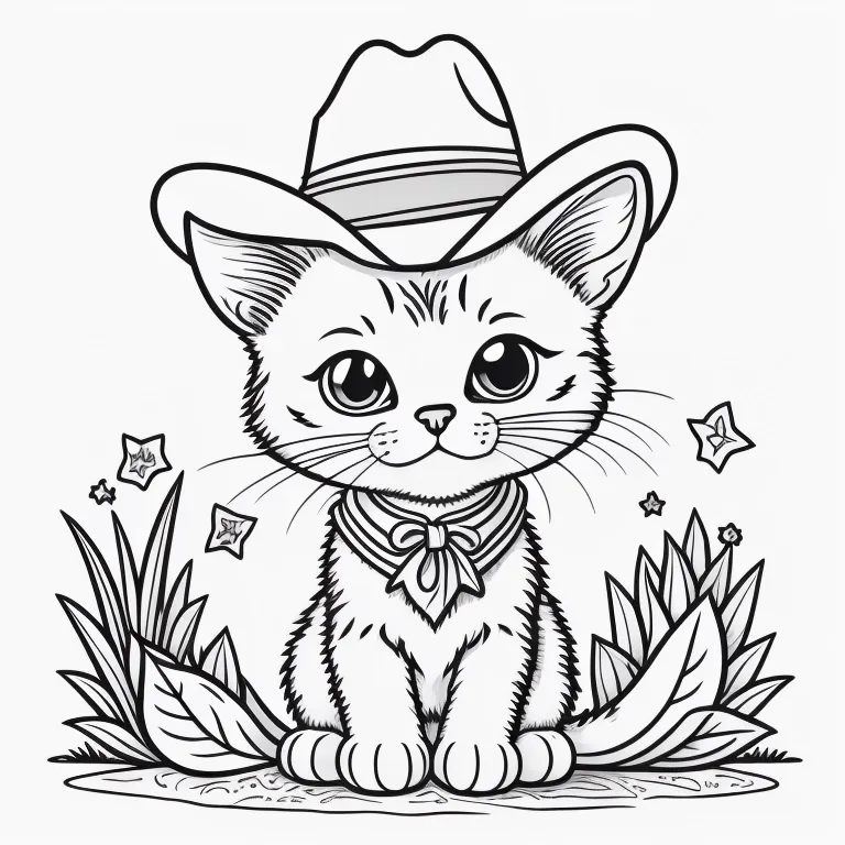 Desenho infantil de gatinho cowboy para imprimir e colorir