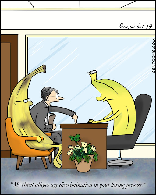 two bananas and a lawyers sitting in an office.  the lawyer is sitting next to a banana with brown spots. on the other side of the desk is a green banana.  