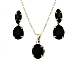 CONJUNTO OVAL PEDRA NEGRA SEMI JOIA FOLHEADA A OURO 18 K (1)