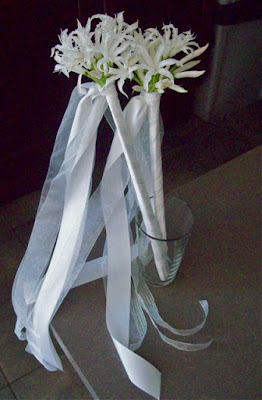 flower girl wand, white ribbon dancer, nerine lilies, wedding, white, florist, ann arbor, polo Fields, Michigan wedding, sweet pea floral design