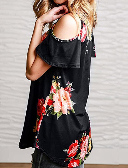 Women's Summer Floral Print Cold Shoulder Criss Cross V Neck Tops T Shirts Casual Blouse
