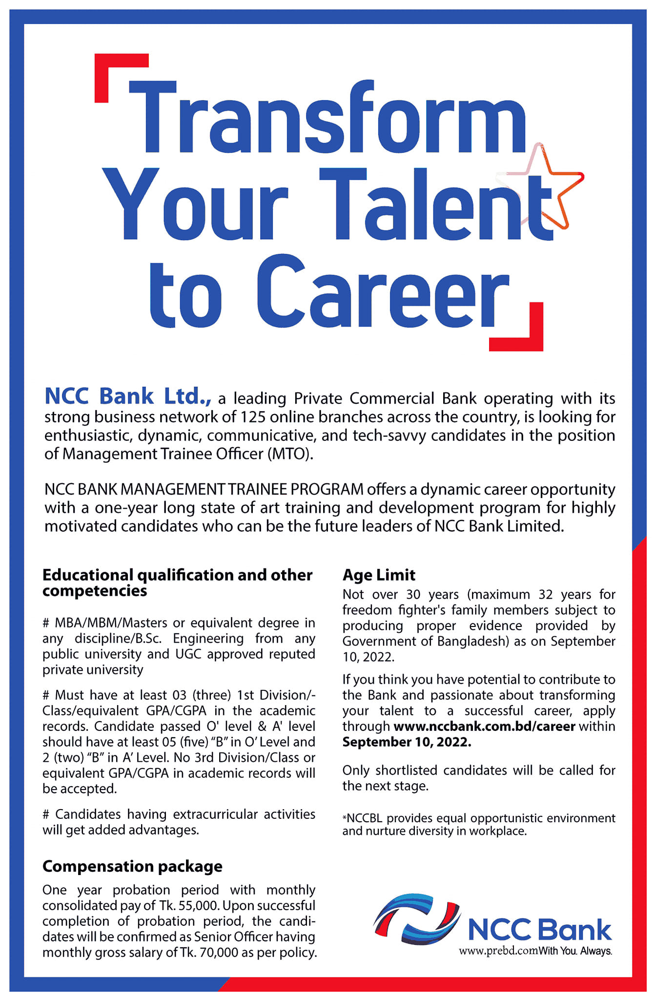 National Credit and Commerce NCC Bank Limited Job Circular 2022