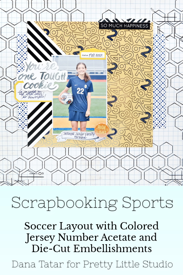 Yellow and Blue High School Soccer Scrapbook Layout with Color Jersey Number Acetate
