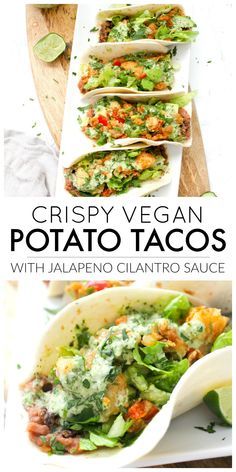 These Crispy Vegan Potato Tacos with Jalapeño Cilantro Sauce are filled with beans, crispy potatoes, crunchy lettuce and the best sauce |  #thissavoryvegan #vegantacos #tacotuesday