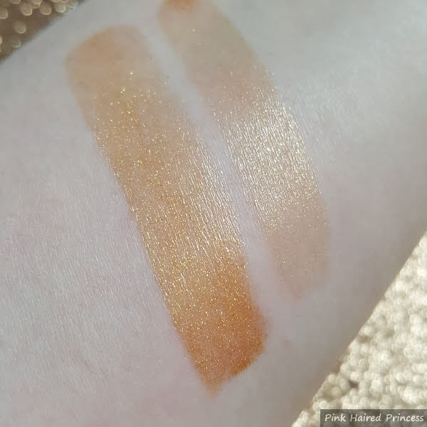 side by side swatches of heavily applied and one swipe Lancome L'Absolu Rouge 503 Golden Holiday (sheer) lipstick